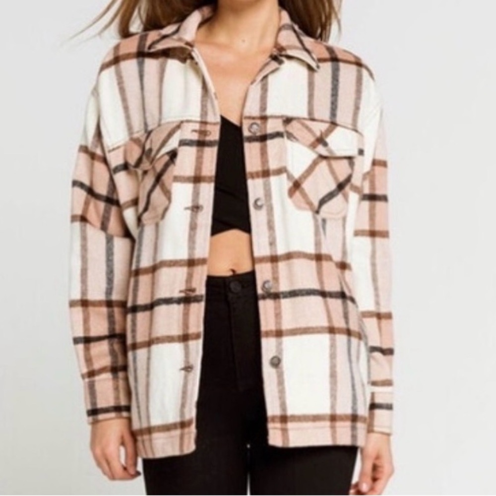 RSQ Plaid Button-Up Woven Collar Shacket Jacket, Dusty Pink & Cream, Size Small